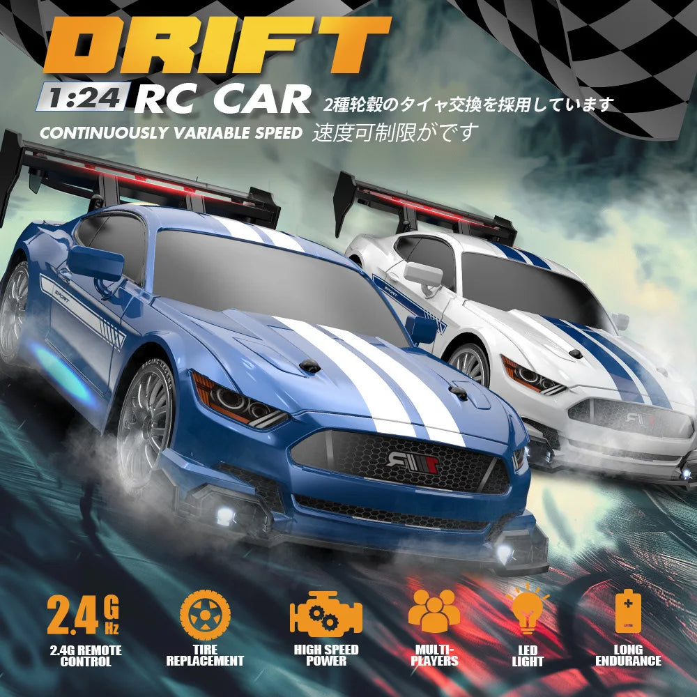 High-Speed 1:24 RC Mustang Drift Car with Remote & Replaceable Tires